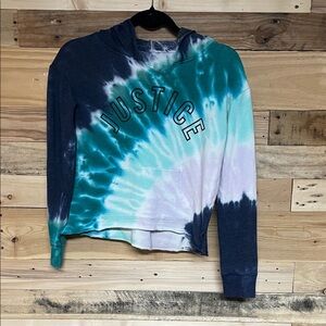 Justice Active size 10 Blue, White, and Green Tie-Dye Cropped V-neck Soft Hoodie